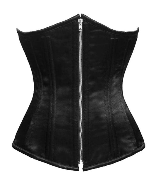 La Nuit Underbust - Black Satin Long Zip-Up Authentic Handmade Corset