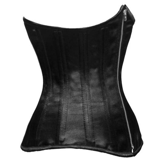 La Nuit Underbust - Black Satin Long Zip-Up Authentic Handmade Corset